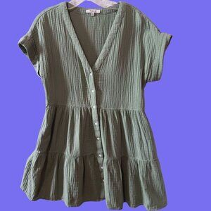 Madewell Cuff Sleeves  Gauze Button-Front Tiered Mini Dress Sage Green Xsmall